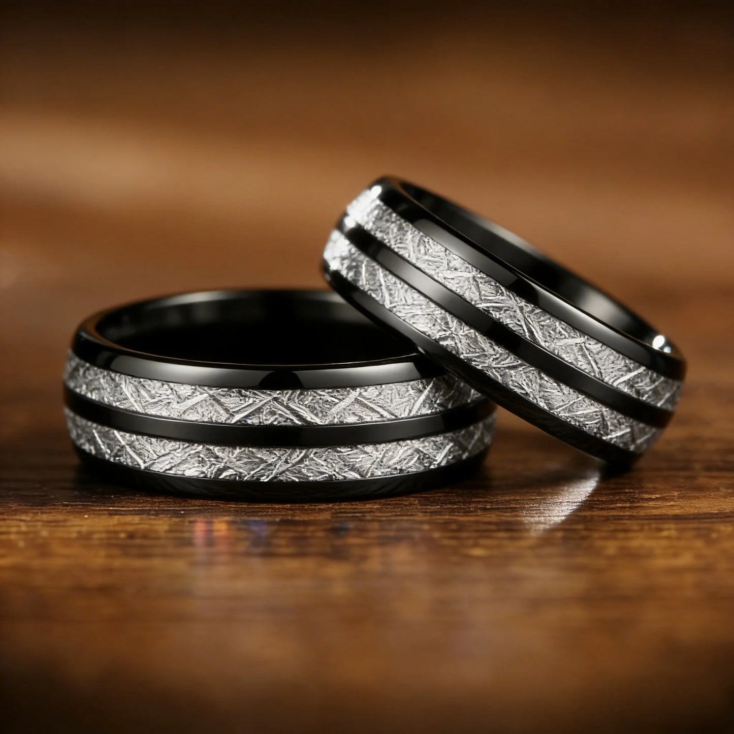 Fashion 8mm Black Color Stainless Steel Rings for Men Double Groove Meteorite Inlay Dome Men Finger Ring Wedding Band Jewelry