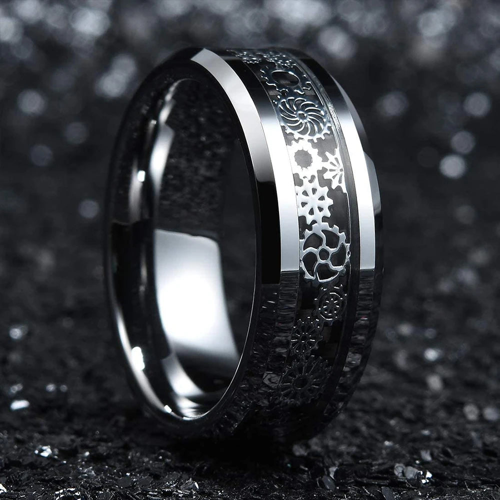 Fashio Men Rings Black Titanium Stainless Steel Rings For Men Women Brick Pattern Finish Beveled Edge Wedding Ring Party Jewelry