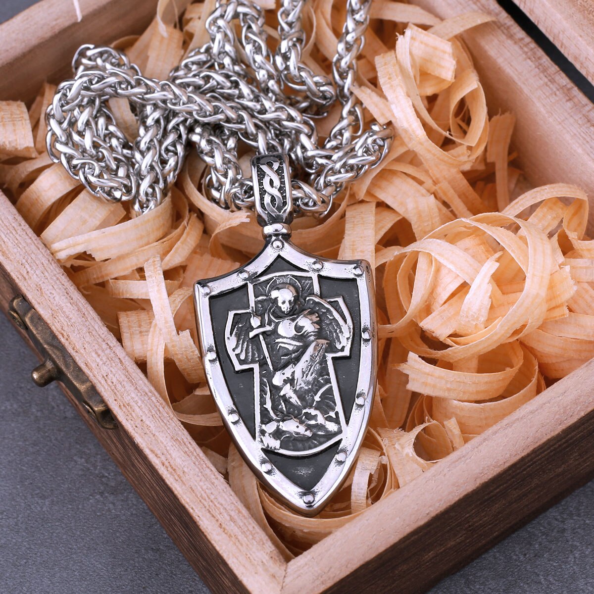 Stainless Steel St. Michael&#39;s Archangel Necklace Men&#39;s Vintage Cross Shield Prayer Amulet Pendant Necklace Religious Jewelry Default Title