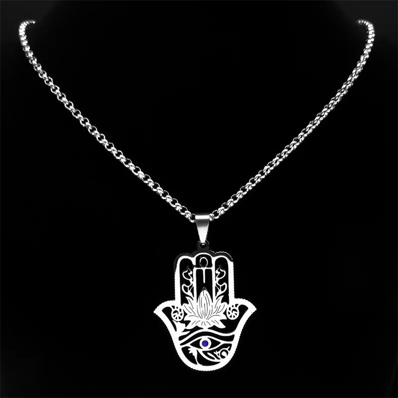 Hamsa Hand of Fatima Lotus Flower Eye of Horus Necklace Women Stainless Steel Silver Color Ankh Key of Life Necklaces Jewelry