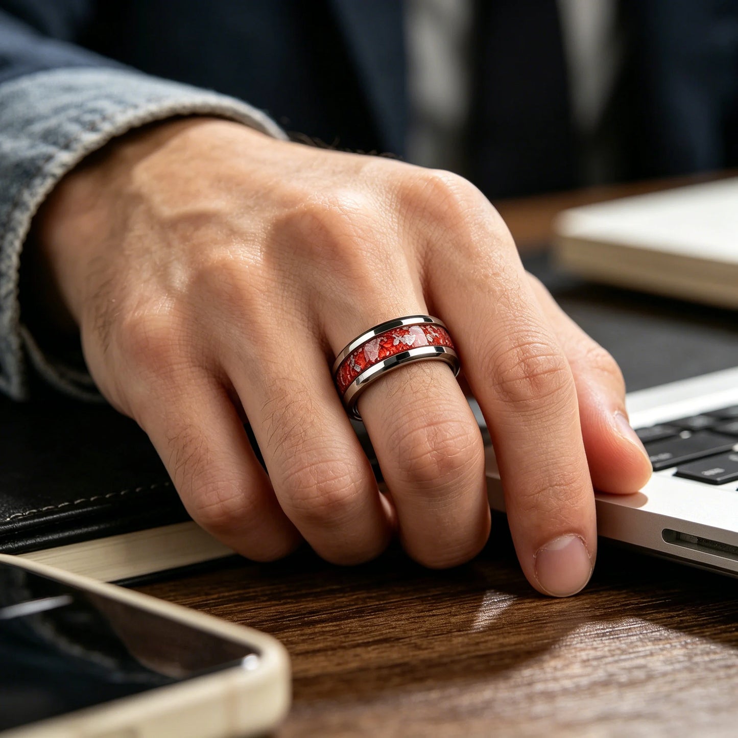 8mm Red White Stone Grain Stainless Steel Ring, Cool Promise Wedding Band for Men & Women, Comfort Fit, Wedding Band Jewelry