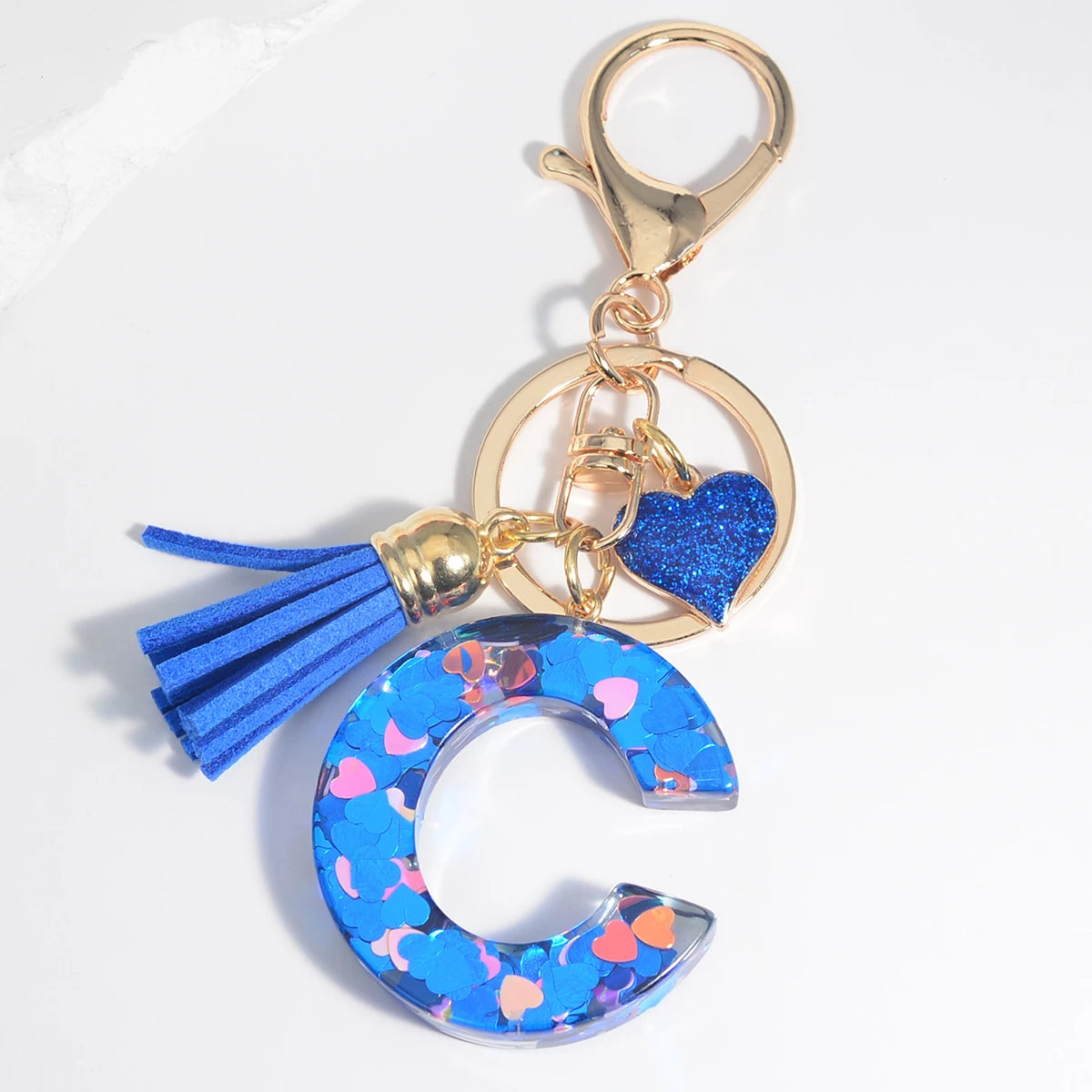 26 Initials Letter Key Pendant with Blue Tassel Alloy Love Fashion Girls Handbag Glitter Gradient Resin Alphabet Keychain Charms C CHINA
