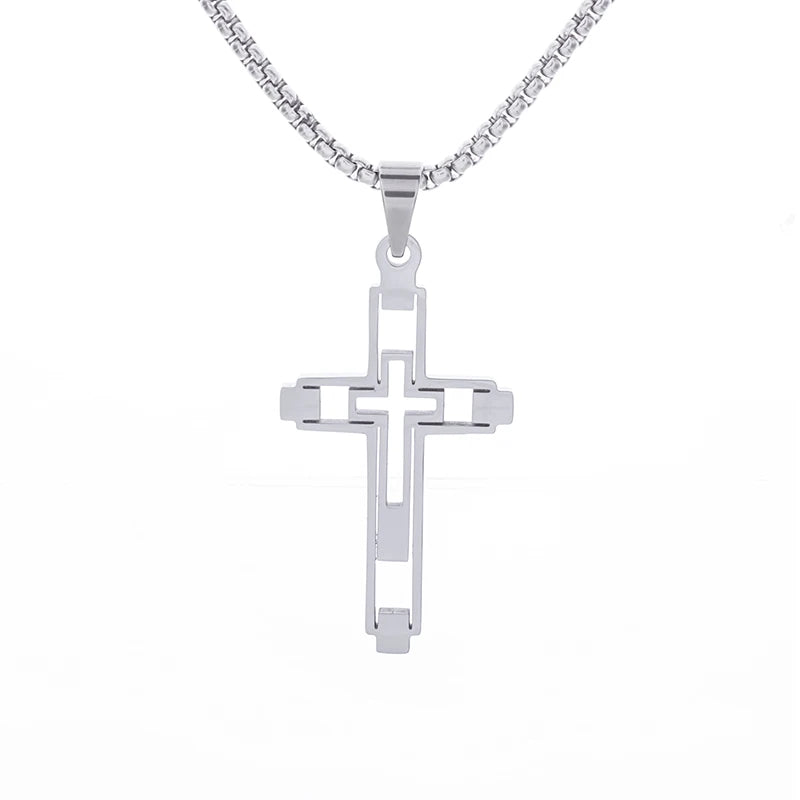 Fashion Creative Cutout Double Cross Stainless Steel Pendant Necklace for Men Classic Women Church Prayer Jewelry