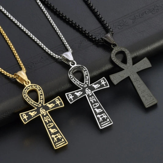 HNSP 316L Stainless Steel Egyptian Anka Cross Pendant Chain Necklace For Men Vintage Jewelry Accessories