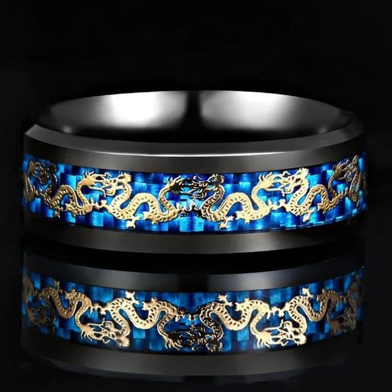 Fashion 8mm Men Stainless Steel Dragon Ring Vintage Punk Chinese Dragon Pattern Carbon Fiber Rings For Men Wedding Party Jewelry