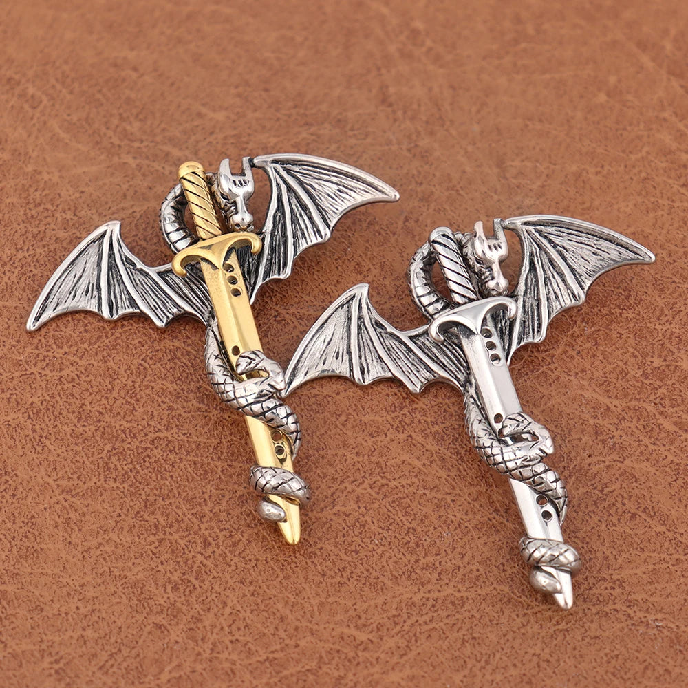 Vintage Stainless Steel Men's Dragon Necklace Fashion Steel Dragon Sword Chinese Pendant for Women Biker Jewelry Gift