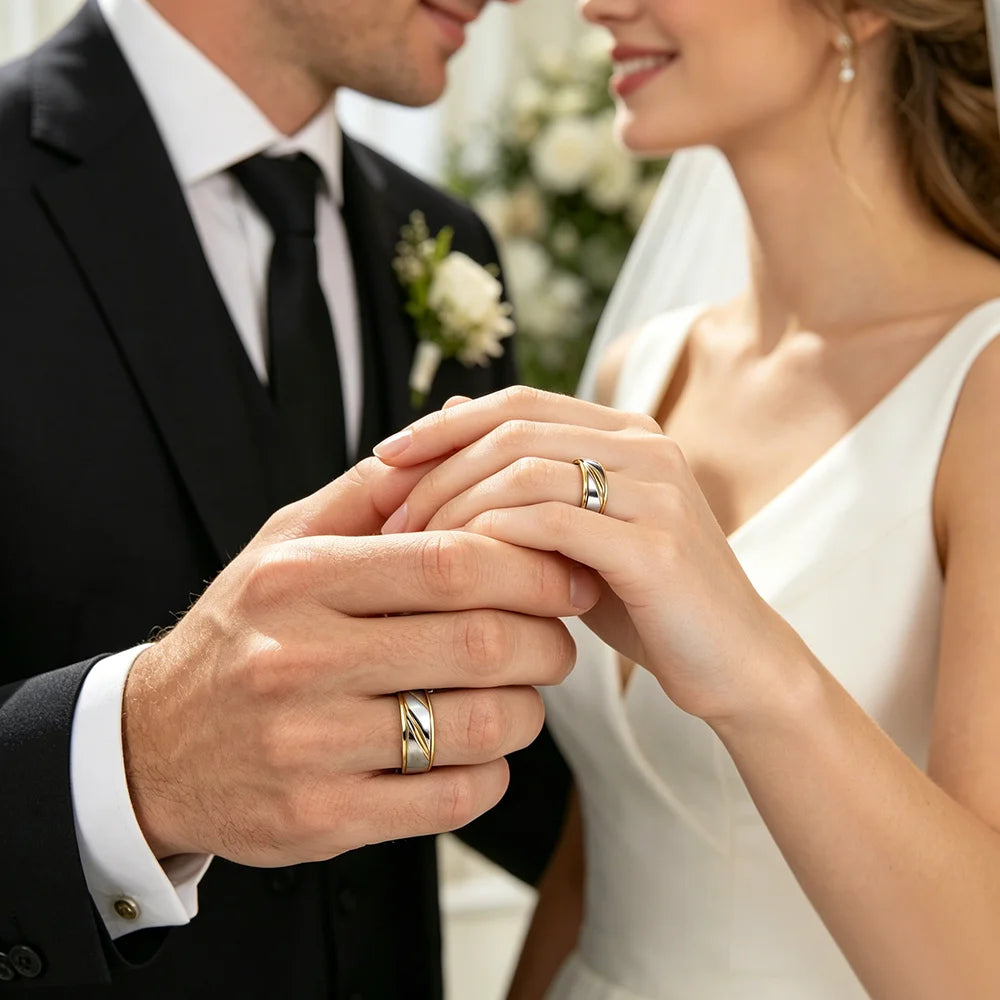 Trendy Stainless Steel Couple Rings For Men Women Unique Groove Wave Pattern Ring Wedding Party Jewelry Valentines Day Gifts
