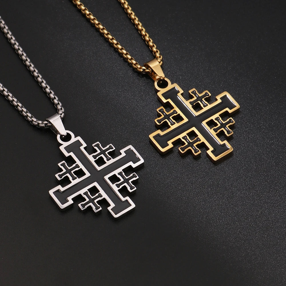 1PC Vintage Man's Durable Stainless Steel Jerusalem Crusader Templar Cross Necklace for Men Spiritual Jewelry