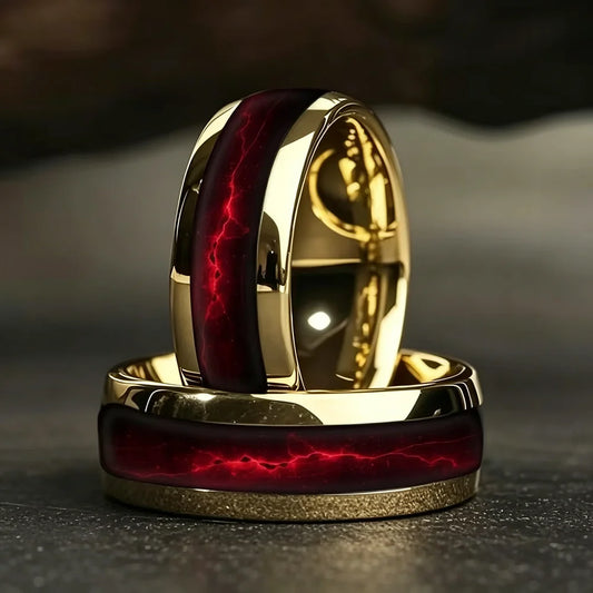 Domed Red Flame Stone Inlay Fashion 8MM Gold Color Stainless Steel Rings For Men Rings Wedding Engagement Jewelry Gift