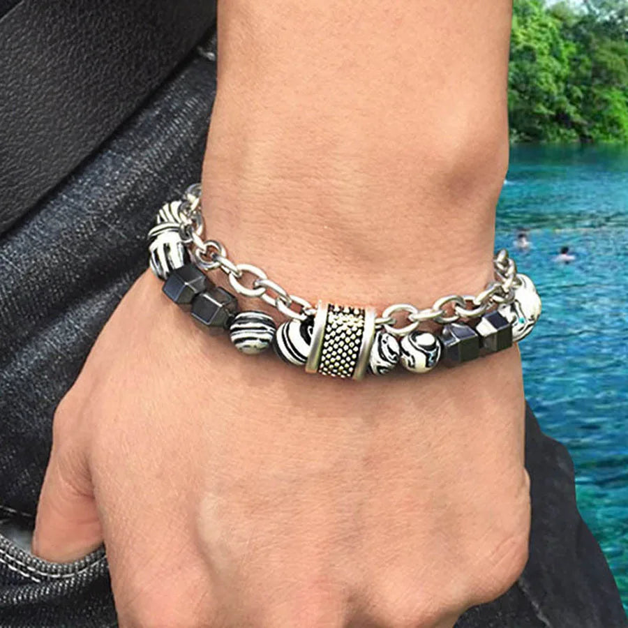 Elviragirl 1Pc Stainless Steel Chain Artificial Malachite Stone Men's Bead Bracelet Natural Stone Bracelet