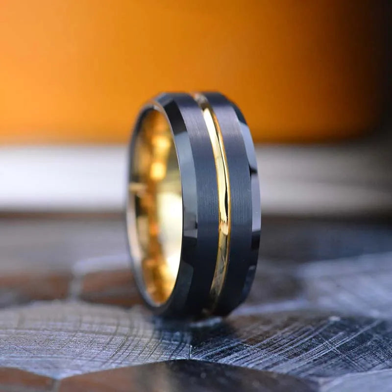 Trendy 8mm Rose Gold Color Groove Beveled Edge Titanium Men Wedding Rings Black Brushed Stainless steel Ring Men's Wedding Band