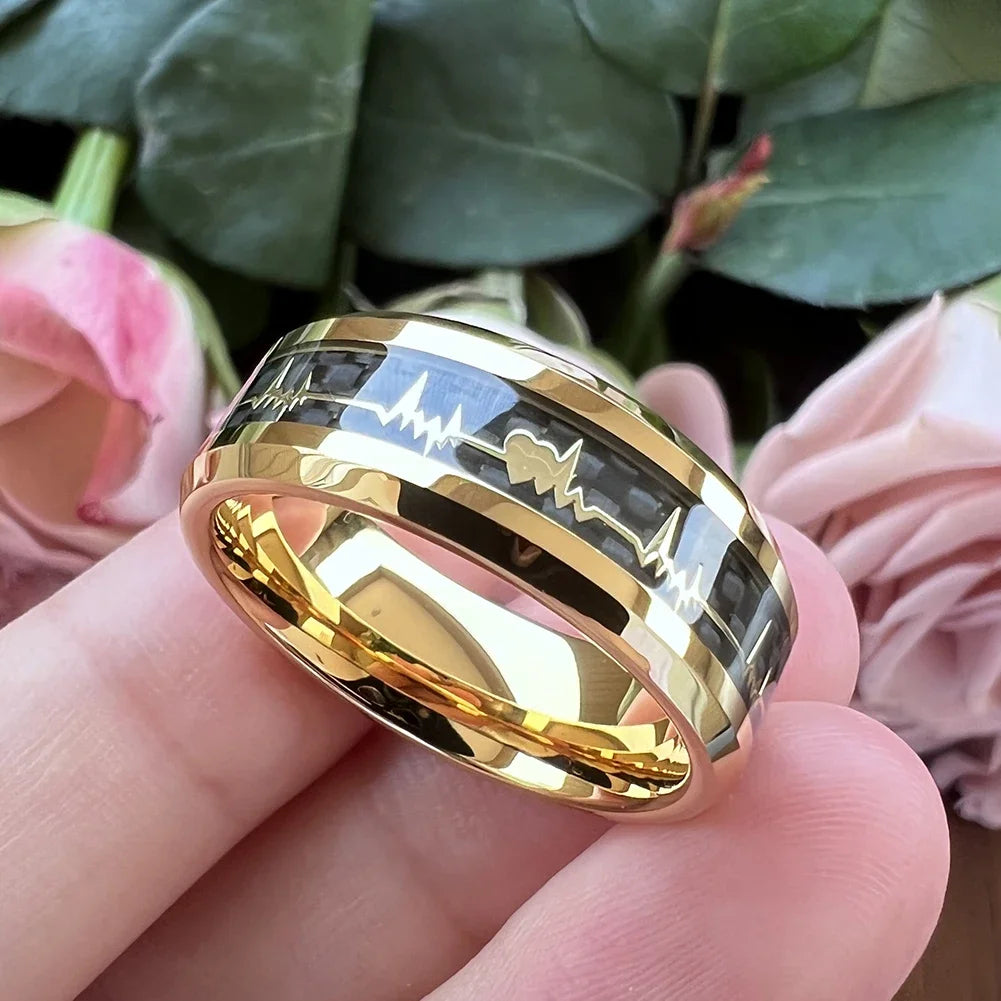 Fashion 8mm SilverBlue Carbon Fiber Heart Inlay Tungsten Carbide Engagement Rings Wedding Bands Domed Polished Shiny Comfort Fit