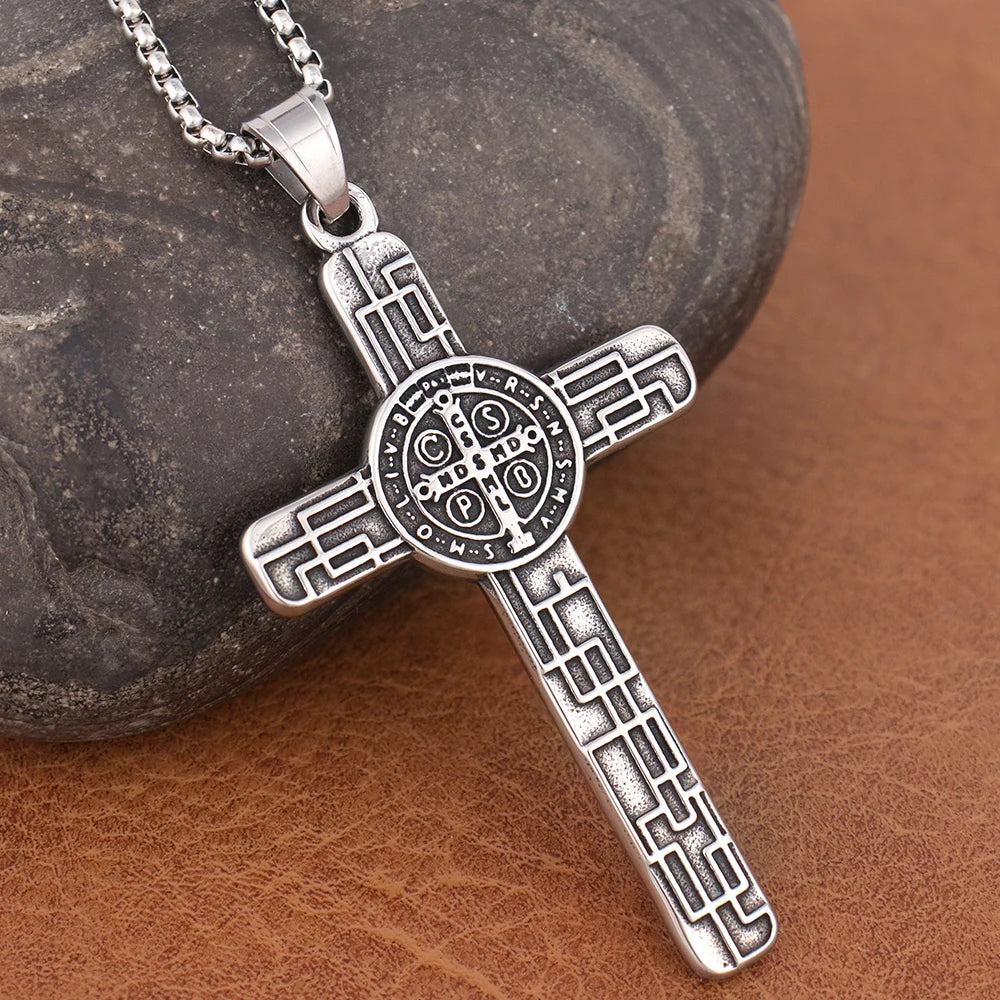 Classic Christian Jesus Cross Stainless Steel Necklace for Men Women Vintage Religion Prayer Baptism Pendants Jewelry