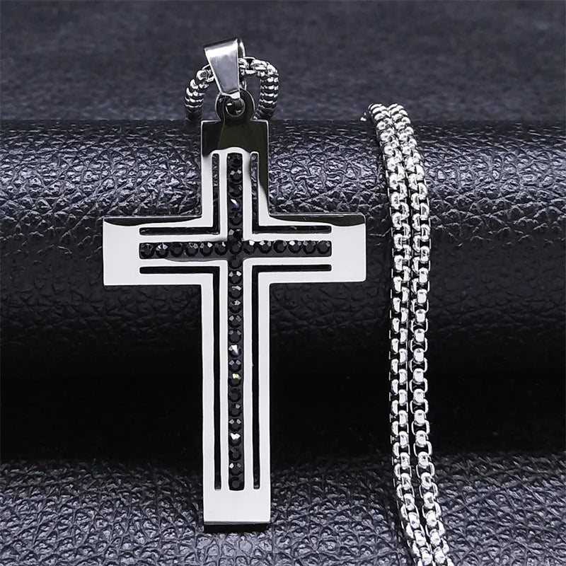 Catholic Jesus Cross Stainless Steel Necklace Saint Benedict Crystal Virgin Mary Pendant Crucifix Male Necklaces Jewelry Cruz