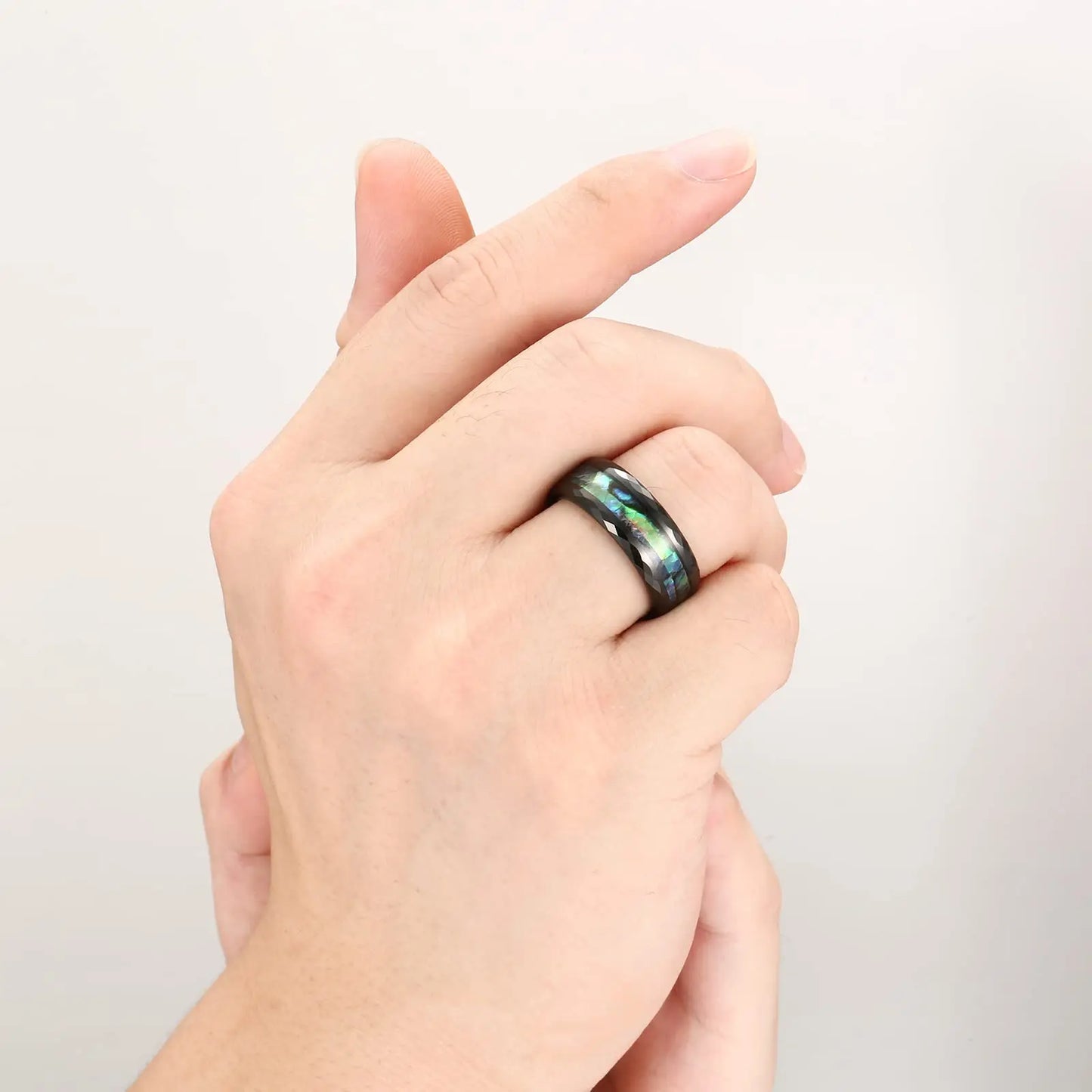 Fashion 8MM Rose Gold Color Stainless Steel Rings For Men Women Colorful Abalone Shell  Inlaid Men Rings Wedding Party Jewelry