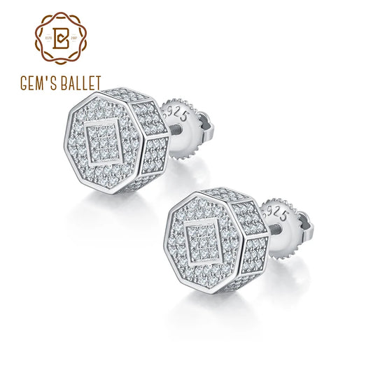 GEM'S BALLET Men's Small 925 Sterling Silver Iced Moissanite Earrings Hip Hop Octagon Cluster Stud Screw Back Stud Earrings