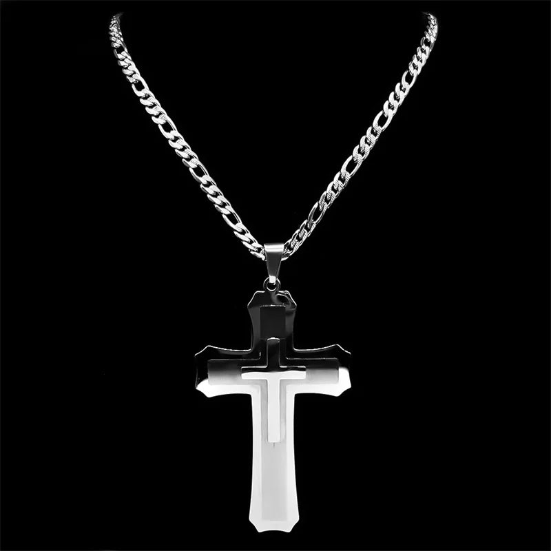 Big Jesus Christian Cross Pendant Necklace for Man Women Stainless Steel Silver Color Link Figaro NK Chain Male Collier Jewelry