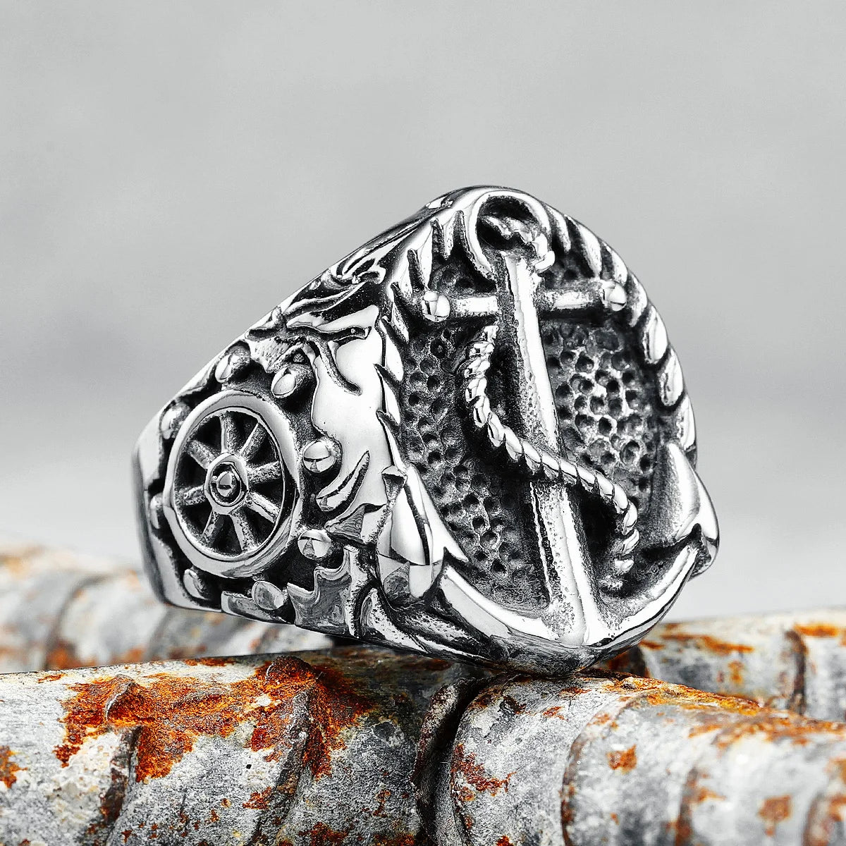 Retro Anchor Ring 316L Stainless Steel Men Rings Navigator Ocean Captain Rudder Rock for Biker Male Boyfriend Jewelry Best Gift