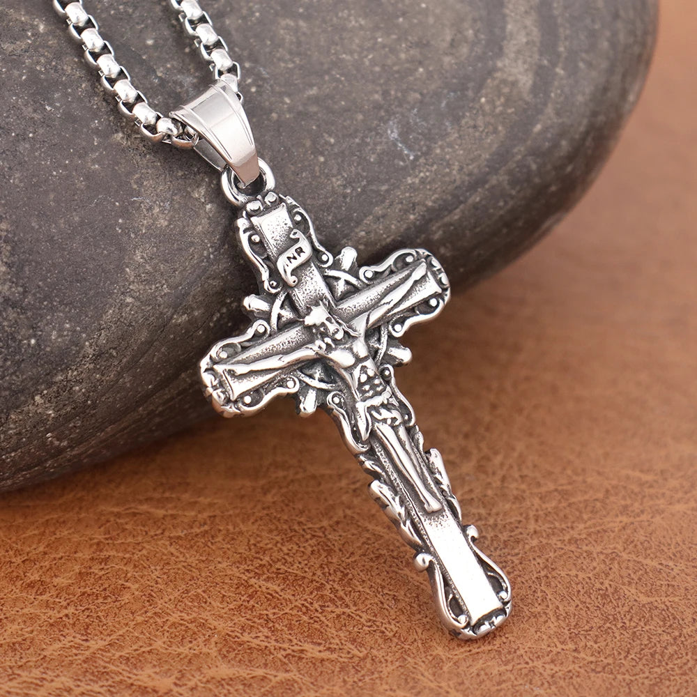 Fashion Simple Religious Jesus Cross Necklace Charm Stainless Steel Christian Cross Pendent With Chain Popular Men Women Jewelry