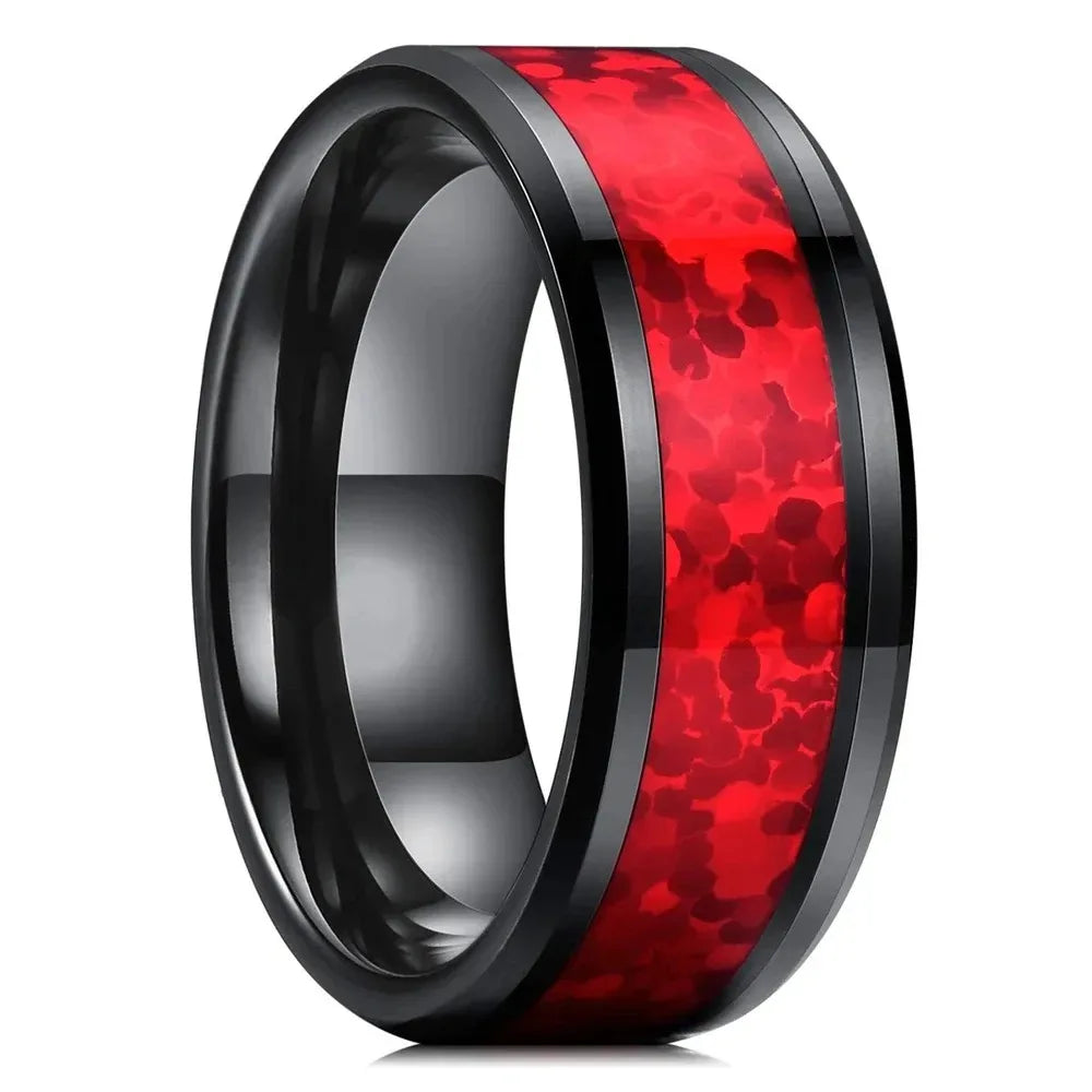 Fashion 8mm Rose Gold Color Stainless Steel Guitar string Rings for Men Inlay Hawaiian koa wood Rings Wedding Band Jewelry Gifts