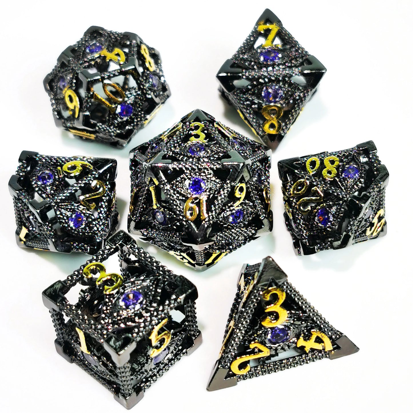 DnD Metal Dice Set - Hollow Dragon Eye Zinc Alloy 7pc Dice with Red Core for D&D RPG Games PURPLE