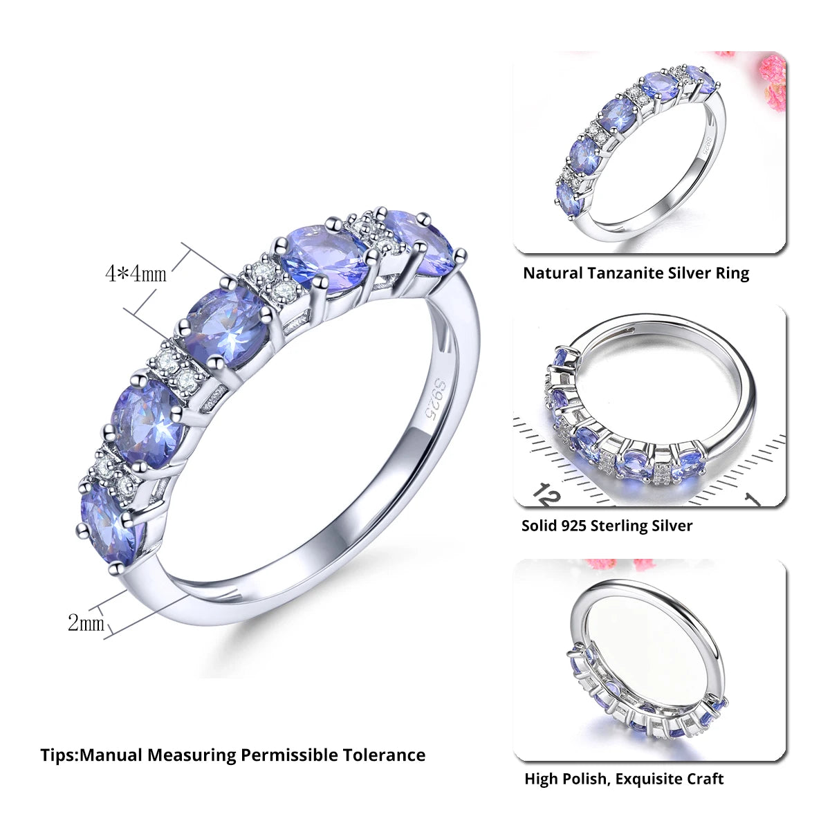 Natural Tanzanite Sterling Silver Rings 1.3 Carats Genuine Gemstone Women Classic Elegant Fine Jewelry S925 New Year Gifts