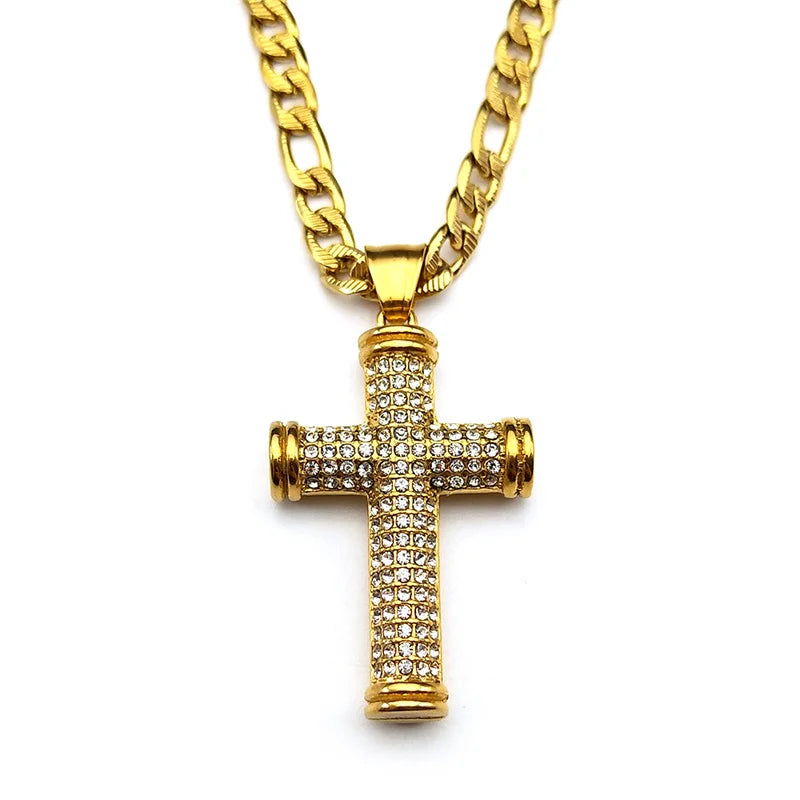 Christian Full Rhinestones JESUS CROSS Pendant Necklaces for Women Men Stainless Steel Gold Color Chain Amulet Necklace Jewelry