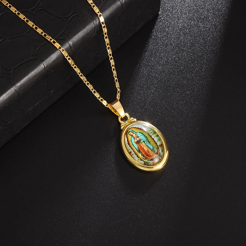 Classic Catholic Virgin Mary Square Pendant Necklace for Men Women Christian Religious Prayer Amulets Jewelry Gifts