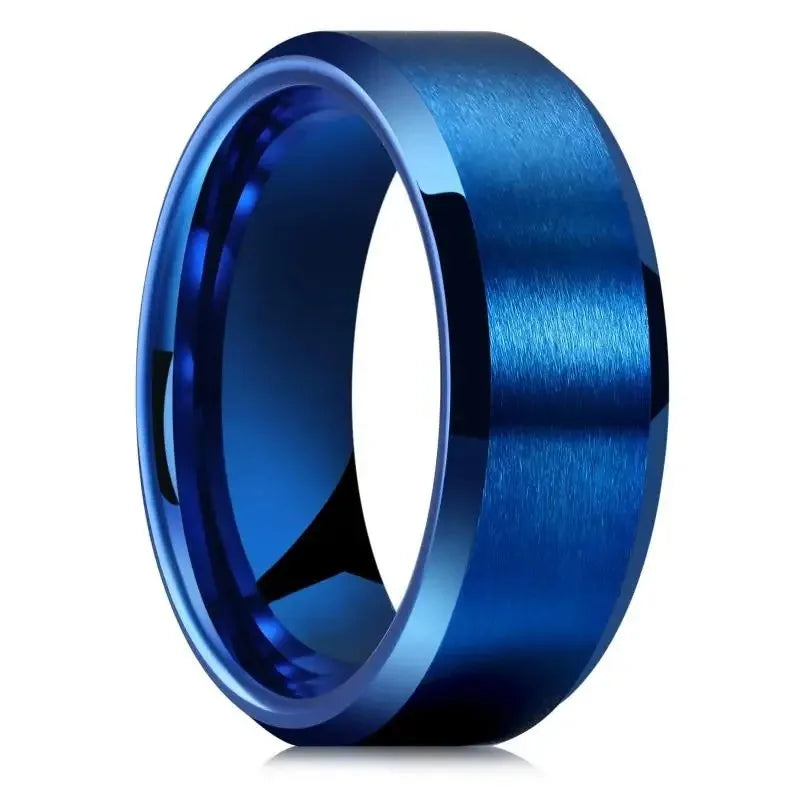 Simple 8mm Blue Stainless Steel Rings For Men Women Blue Matte Finish Beveled Polished Edge Men Rings Wedding Band Jewelry Gift
