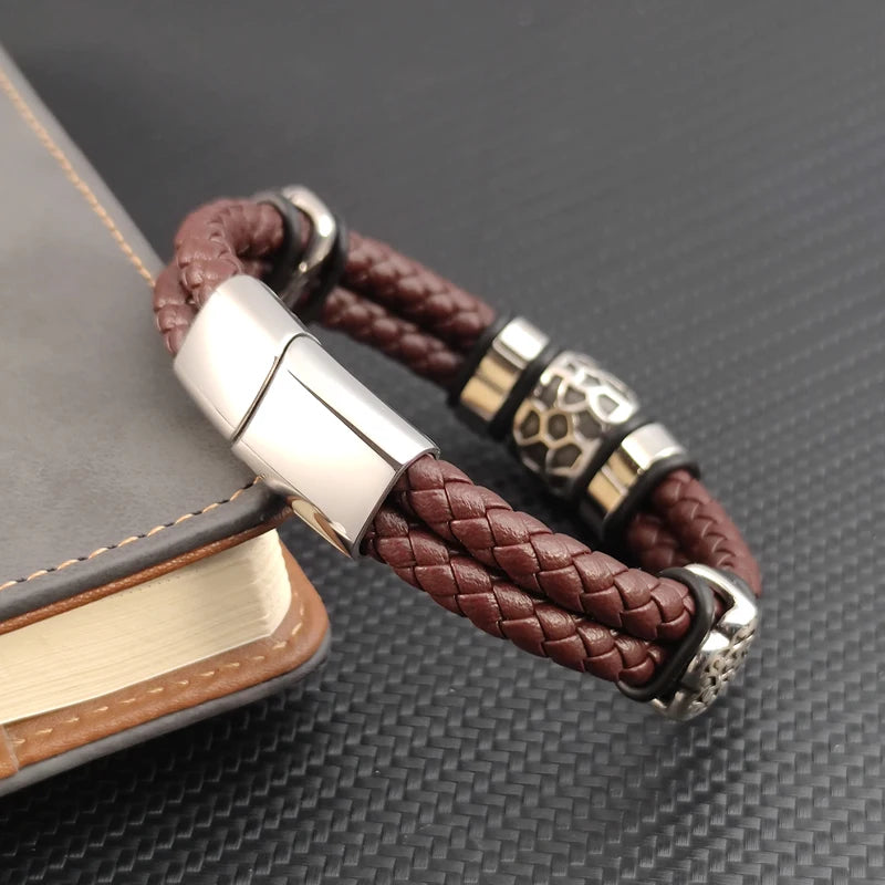 Brown Luxury 316L Stainless Steel Irregularly Cracked Man Bracelet Genuine Braided Leather Men's Jewelry Free Shipping Items