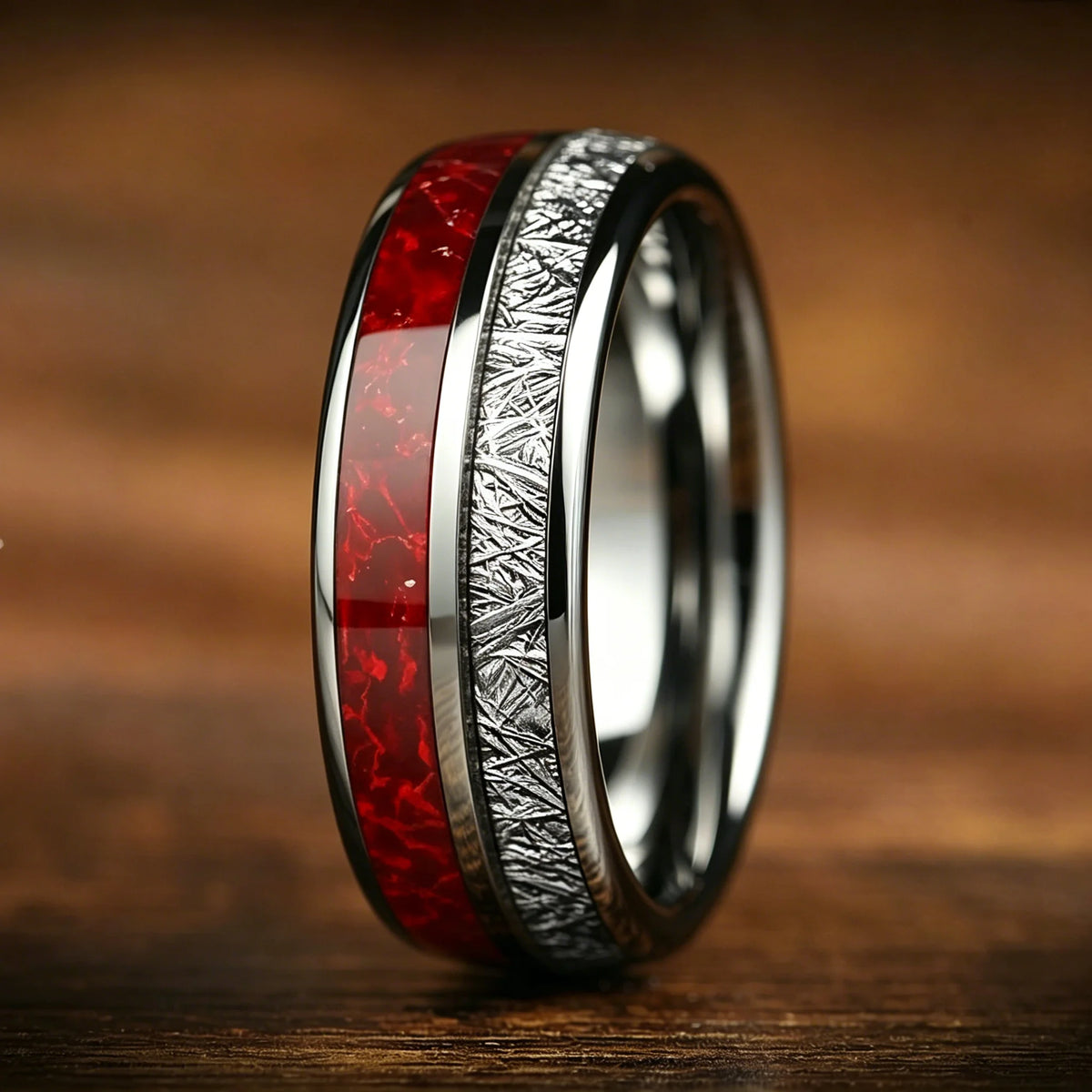Luxury Red Opal & Meteorite Inlay Rings for Men Women, Fashion 8mm Silver Color Men Stainless Steel Rings, Wedding Band Jewelry