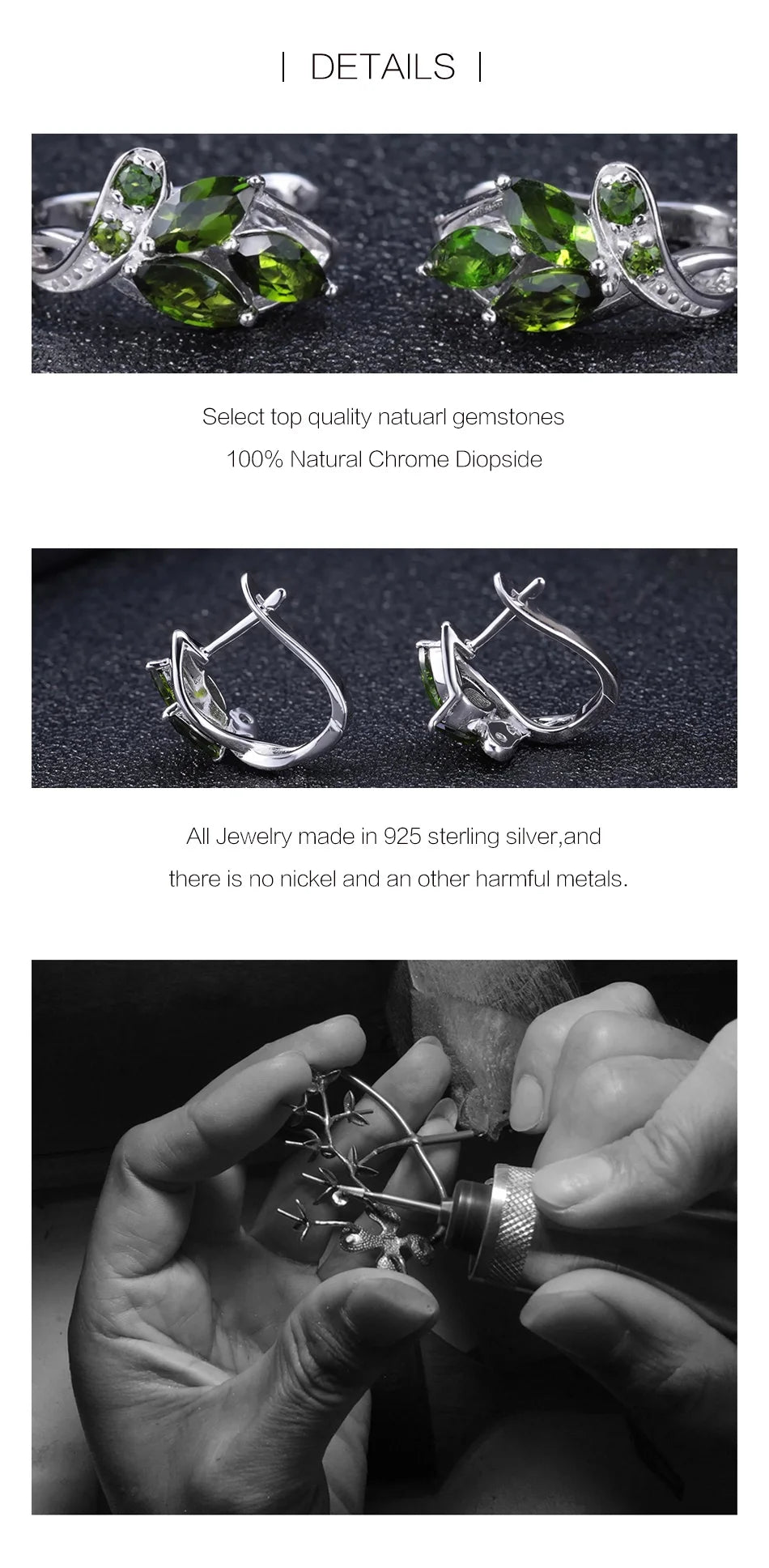 GEM'S BALLET 3.11Ct Natural Chrome Diopside Gemstone Stud Earrings 925 Sterling Silver Leaf Earrings for Women  Fine Jewelry