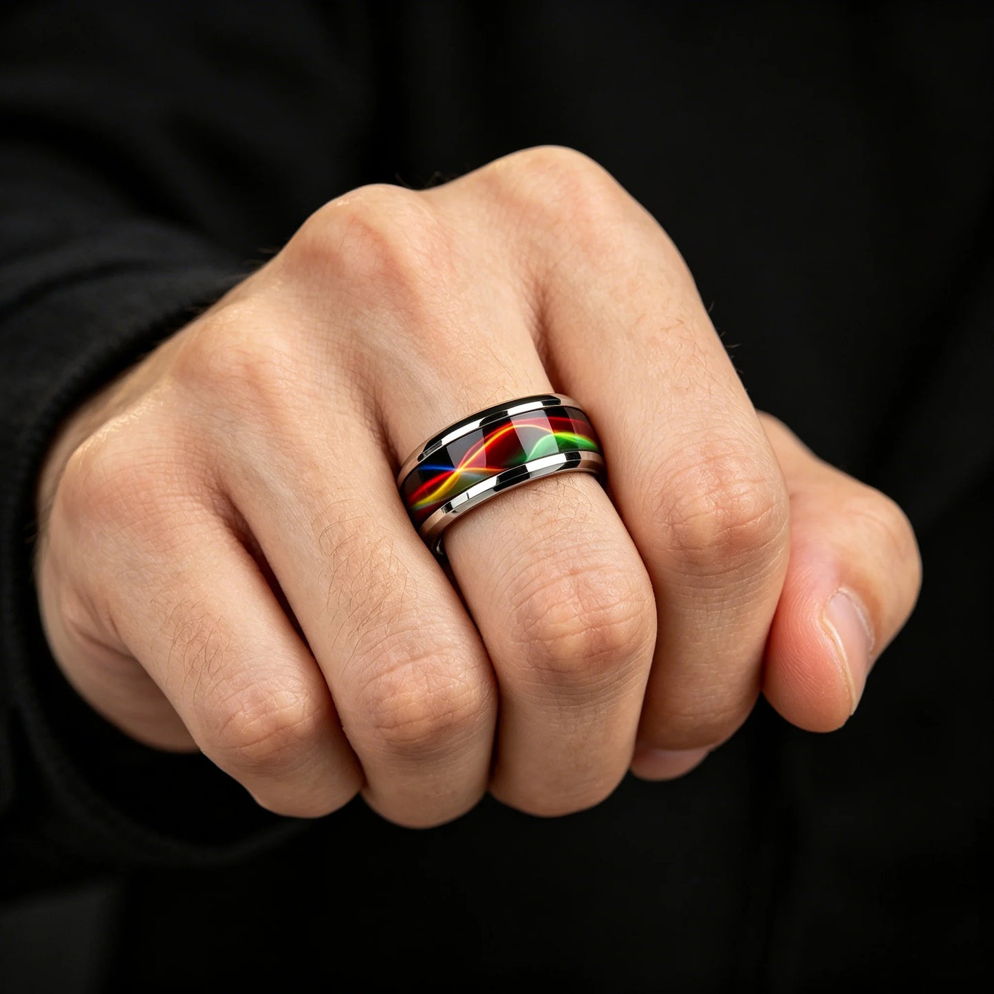 Fashion Men Stainless Steel Rings, 8mm Cyberpunk Rainbow Aurora Grain Inlay Rings for Men High Polished Wedding Bands Jewelry