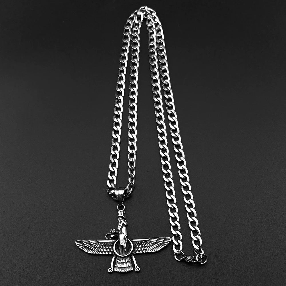 Farvahar Ahura Persia Symbol Zoroastrian Necklace for Women Men Stainless Steel Ancient Amulet Chain Jewelry Collar NZZ420S2