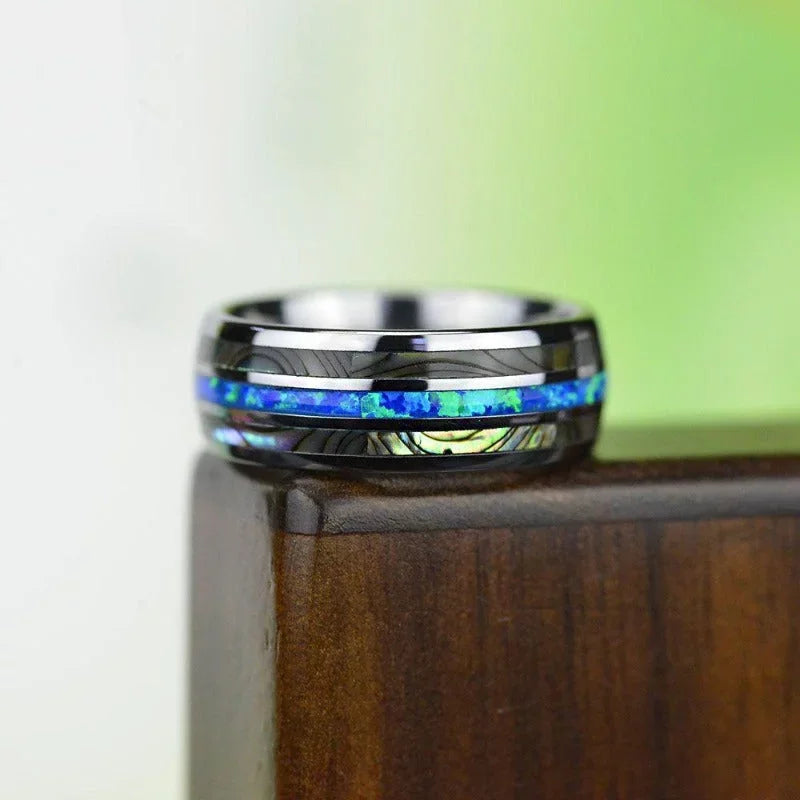 Fashion 8MM Rose Gold Color Stainless Steel Rings For Men Women Colorful Abalone Shell  Inlaid Men Rings Wedding Party Jewelry