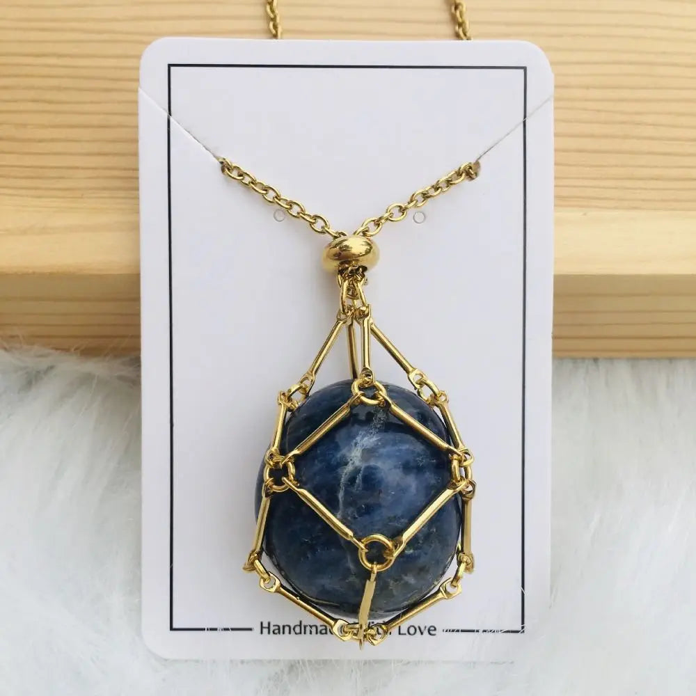 Crystal Holder Cage Necklace with Crystal Stone Interchangeable Adjustable Crystal Net Metal Necklace for Women Gold Lapis Lazuli