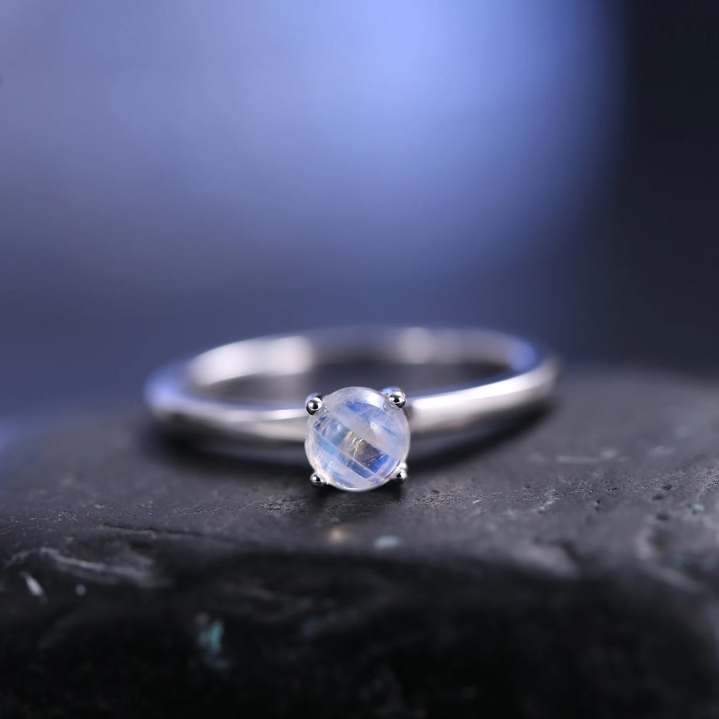 GEM'S BALLET June Birthstone 5mm Natural Rainbow Moonstone Solitaire Engagement Rings 925 Sterling Silver Promise Ring