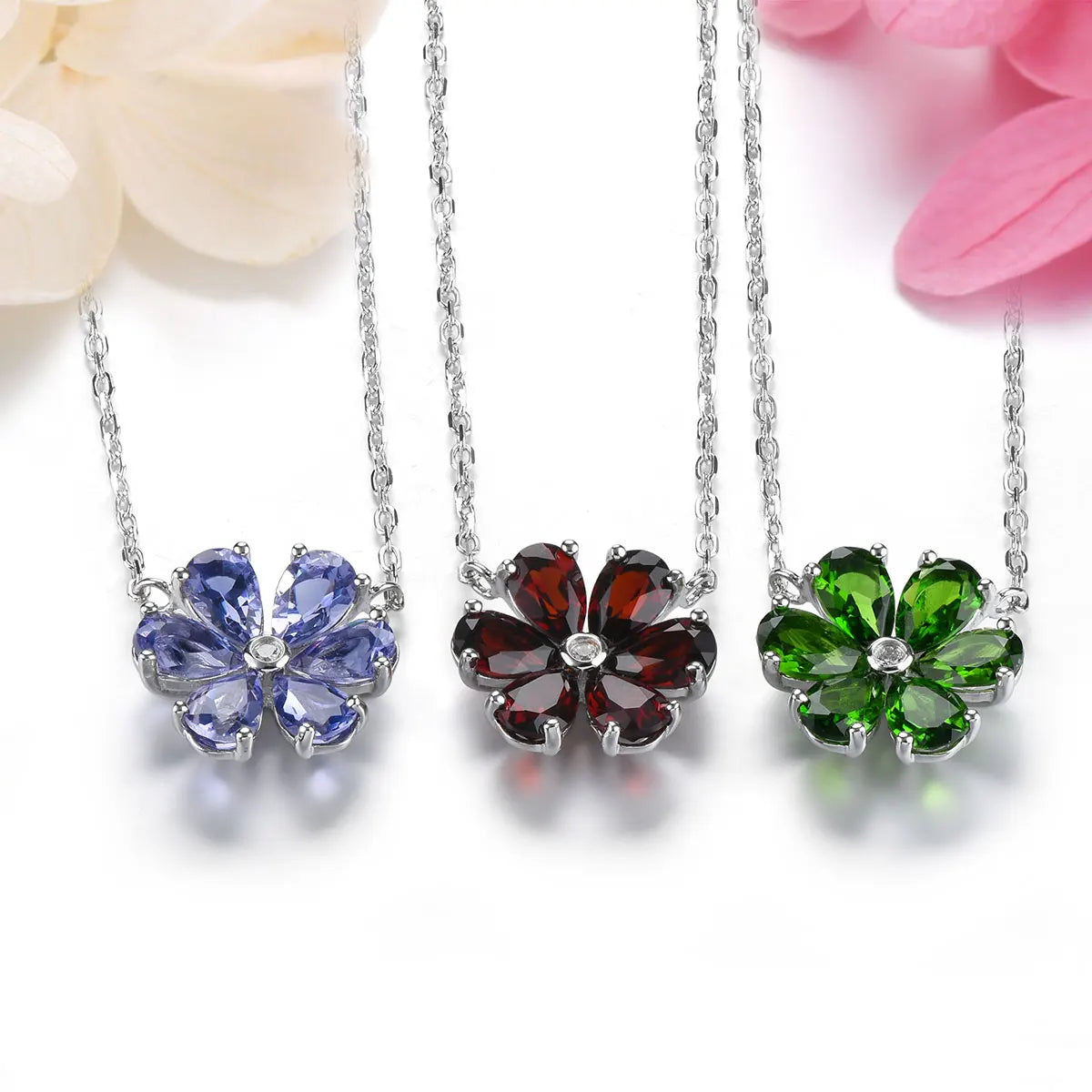 Natural Red Garnet Solid Sterling Silver Necklace 2.68 Carats Genuine Birthstone Romantic Flower Design S925 Fine Jewelry Gifts