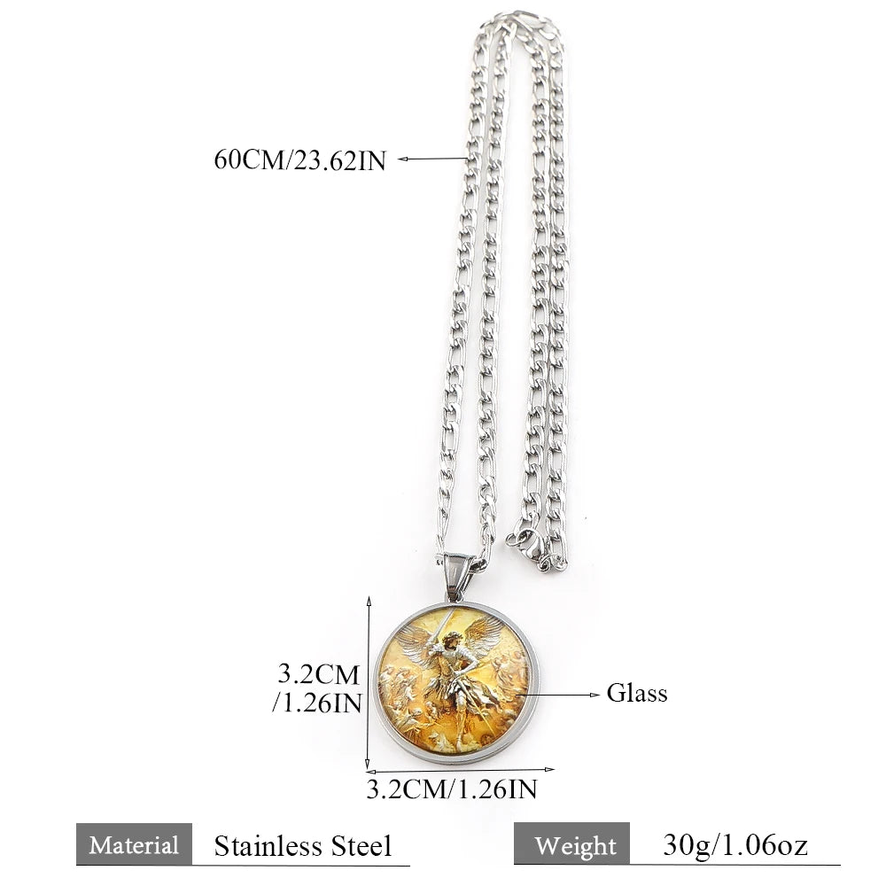 Archangel SAINT MICHAEL PROTECT US Glass Cabochon Medal Pendant Necklace Stainless Steel Gold Plated Christian Amulet Jewelry