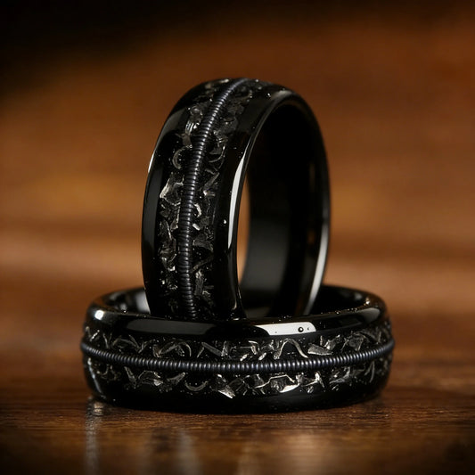 Fashion 8mm Black Stainless Steel Guitar String Rings for Men With Meteorite Inlay Guitarist Ring Men Wedding Band Jewelry
