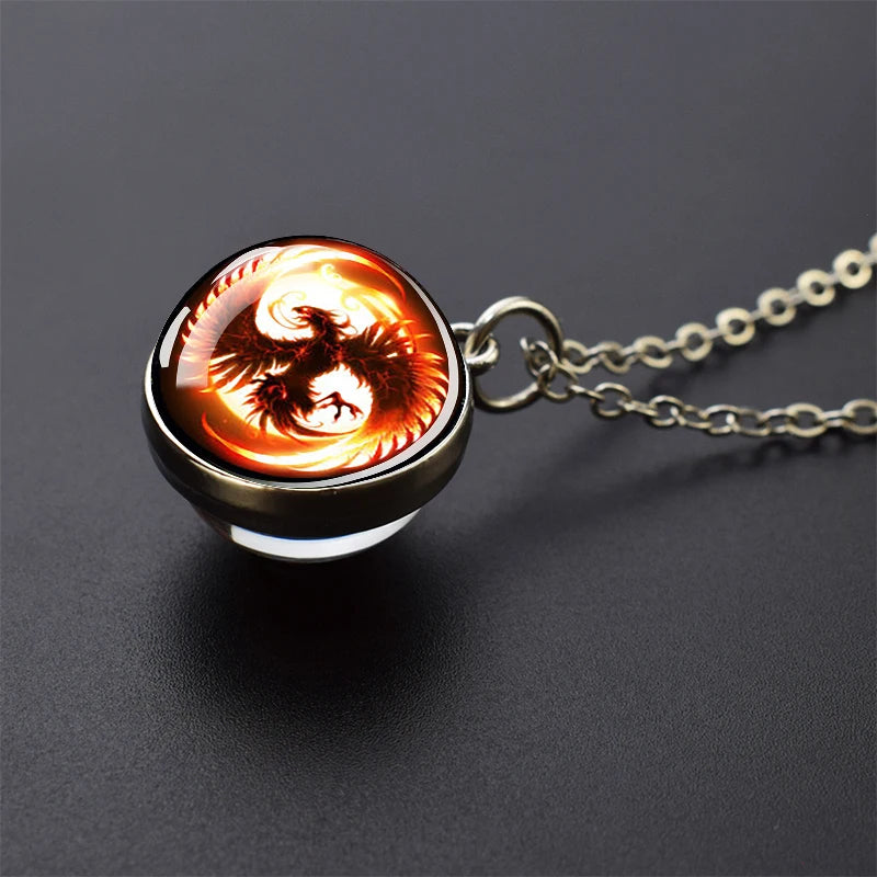 Ice and Fire Phoenix Yin Yang Aurora Necklaces Double Sided Glass Ball Pendant Fashion Chains Necklace Women Men Cool Jewelry