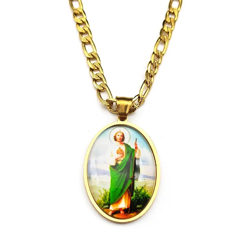 San Judas Tadeo Medal Pendant Necklace for Women Men Stainless Steel Gold Color Saints Apostle of Jesus Amulet Faith Jewelry