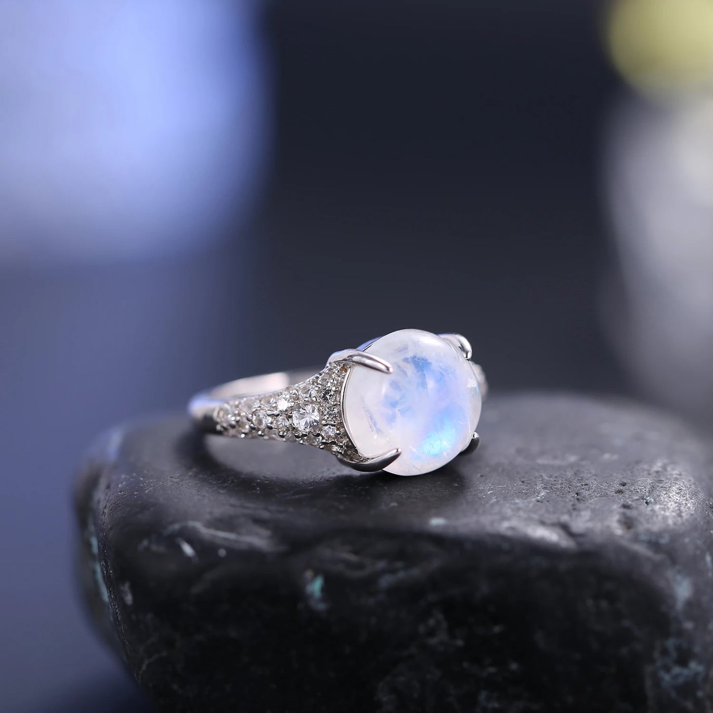 GEM'S BALLET Natural Rainbow Moonstone Dainty Gemstone Rings, 925 Sterling Silver, Gift For Her, Promise Ring, June Birthstone