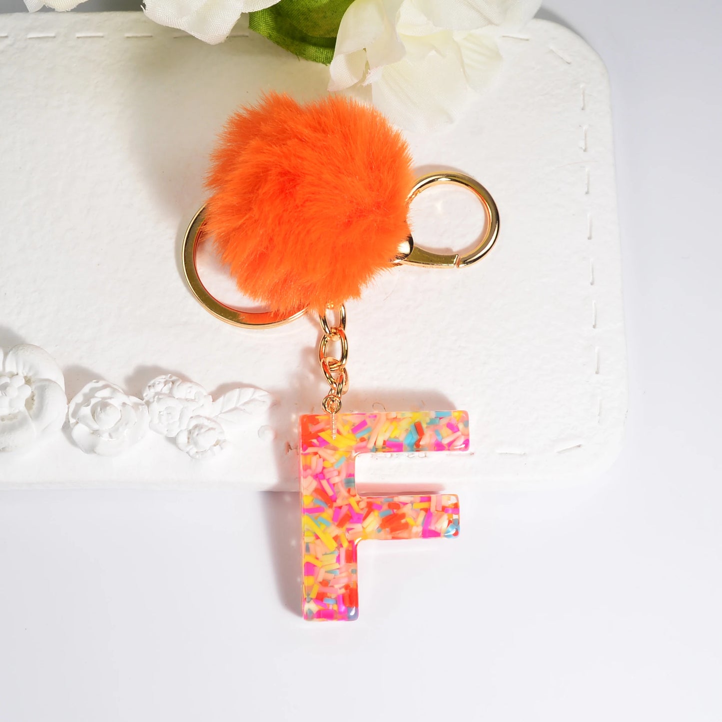 New Orange Stripe Filled Initial Letter Keychain With Orange Pom-Pom Women Girls Sweet Bag Purse Charm A-Z 26 Letters Pendant SKC-Y05-F CHINA