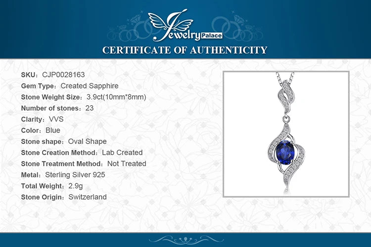 JewelryPalace Created Blue Sapphire 925 Sterling Silver Pendant Necklace for Women Jewelry No Chain