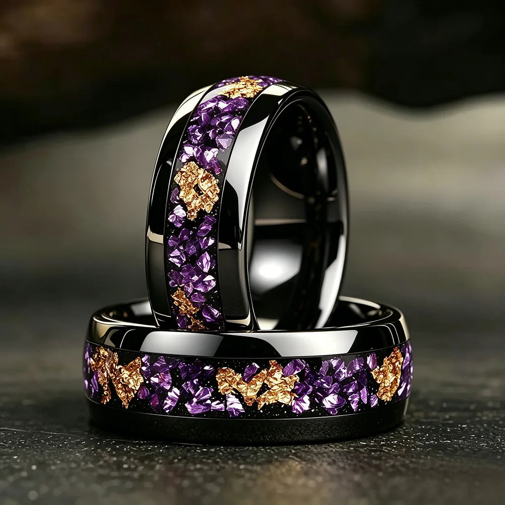Fashion 8mm Men Stainless Steel Rings Inlay Galaxy Style Purple Abalone Shell Rings For Men Wedding Engagement Band Jewelry Gift