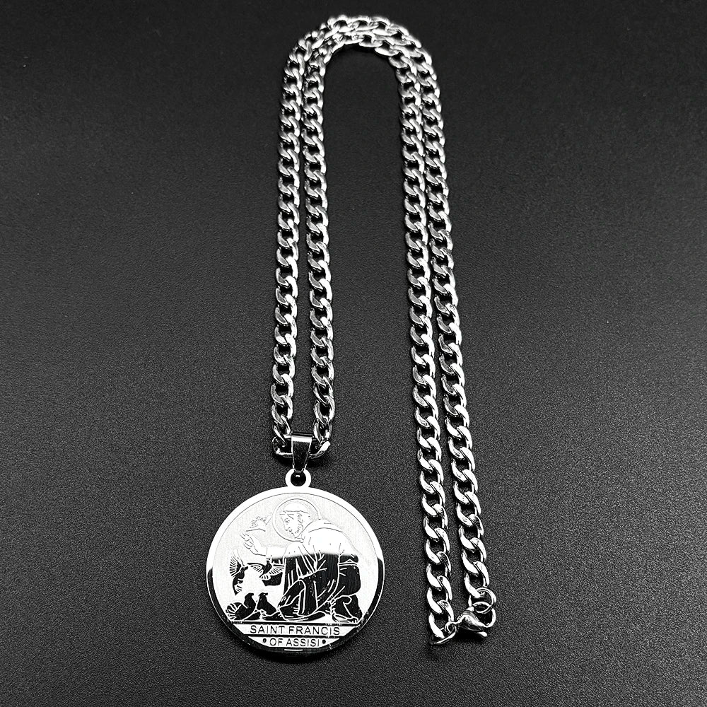 SAINT FRANCIS OF ASSISI PROTECTOR OF ANIMALS Pendant Necklace for Women Men Stainless Steel Christian Medal Chain Jewelry Gift