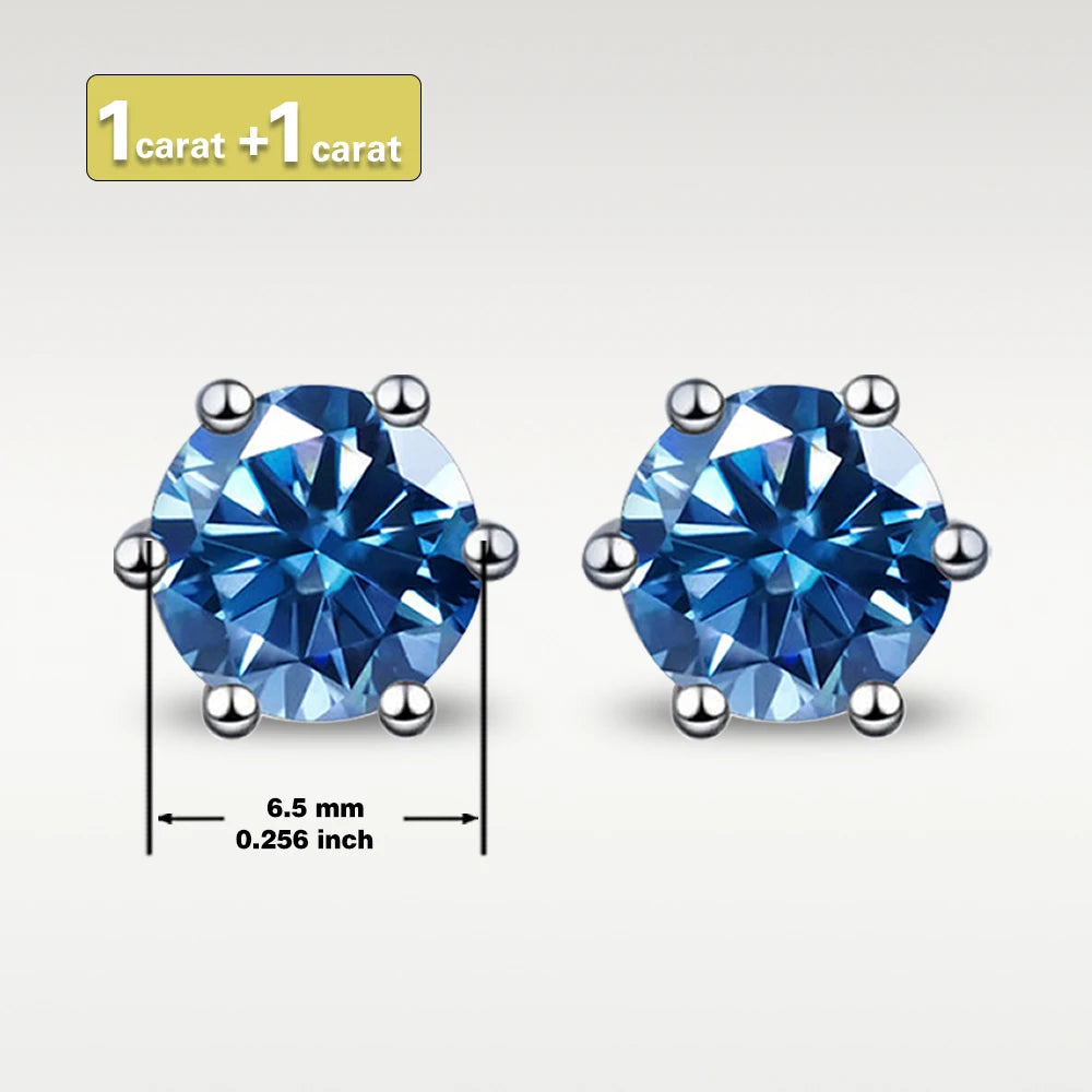 GRA 6.5mm/1ct Certified S925 sterling silver six-prong stud earrings Round Blue Moissanite earrings for women fine jewelry