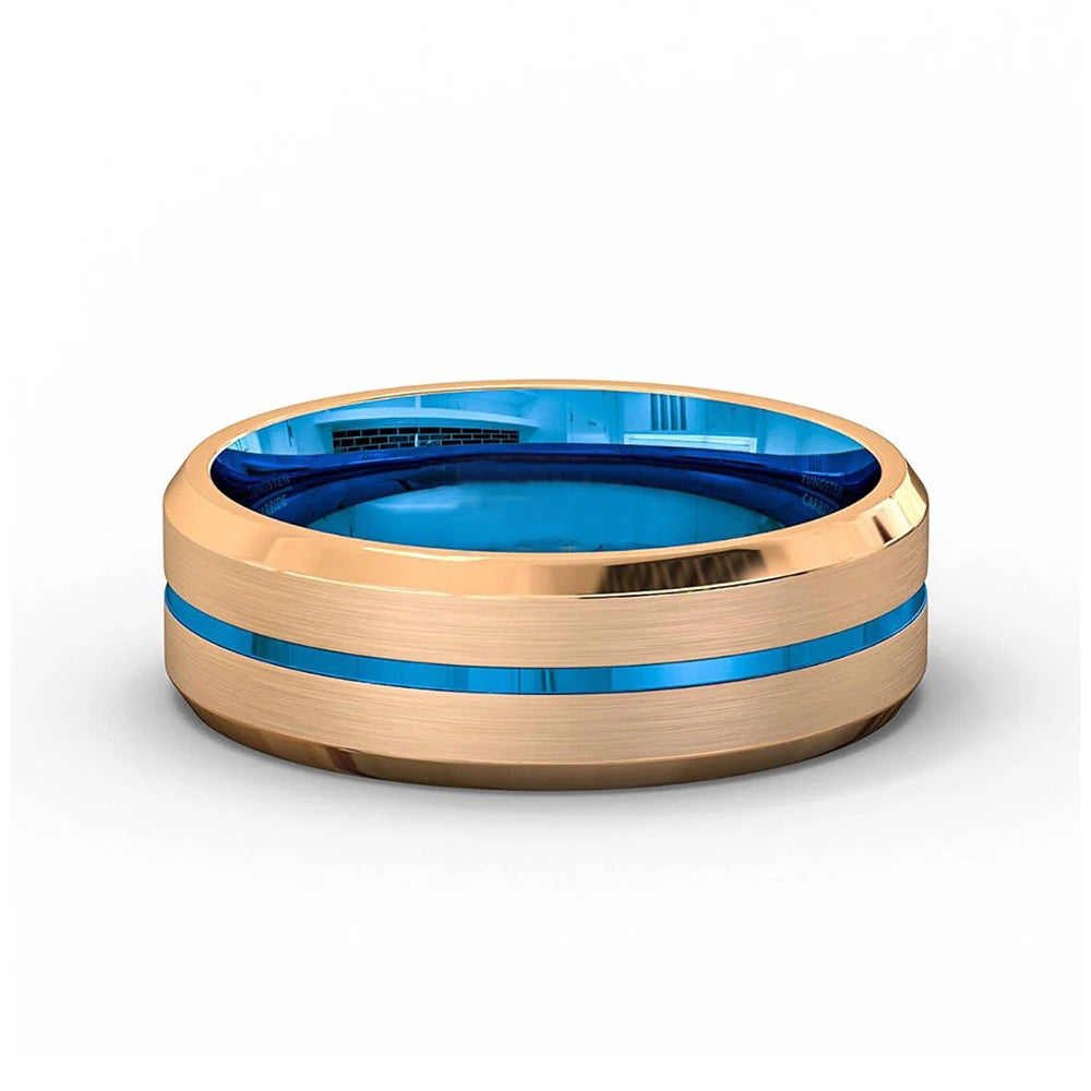Trendy 8mm Rose Gold Color Groove Beveled Edge Titanium Men Wedding Rings Black Brushed Stainless steel Ring Men's Wedding Band