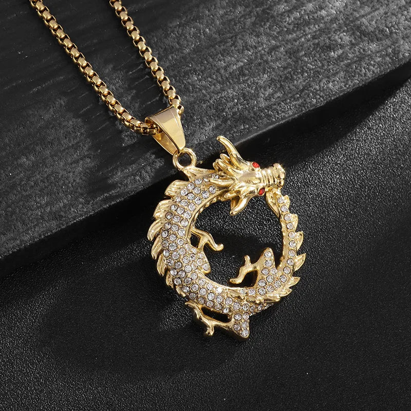 Fashion Charm Stainless Steel Dragon Necklace - Vacuum gold plating with diamond inlay Pendant Jewelry Gift Oriental Amulet Gift